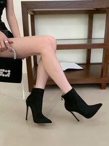 Fall/Winter 2024 Pointed Toe Suede Ankle Boots, 12cm High Heels, Flat Mouth Versatile Zipper Boots,Boots For Women - Black - View 12