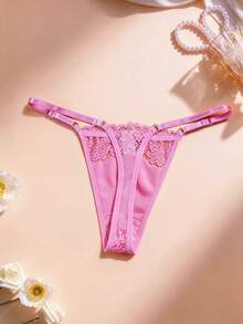 1 pieza Tanga de encaje sexy para mujer, ropa interior ajustable - Rosa - Ver 4
