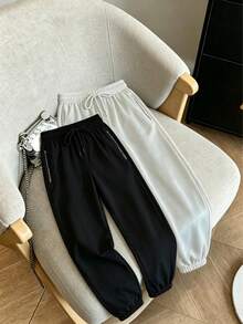 Women's Elastic Waist Drawstring Jogger Pants With Side Zipper Pockets, Casual Sporty Sweatpants For Daily Commute, Spring/Autumn Sports Black - Black - View 9