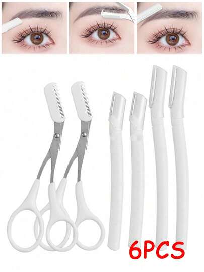 6件套白色修眉工具套装，适合初学者 - 包括修眉刀、修眉剪和安全放大镜 - 男女皆宜