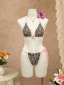 Bộ bikini buộc dây phía trước họa tiết da báo dành cho nữ, kèm mặt dây chuyền hình vỏ sò màu hồng. - Nhiều màu - Xem 3