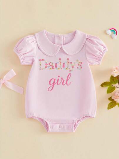 Baby Girl Summer Romper Casual Letter Embroidery Doll Collar Short Sleeve Jumpsuit