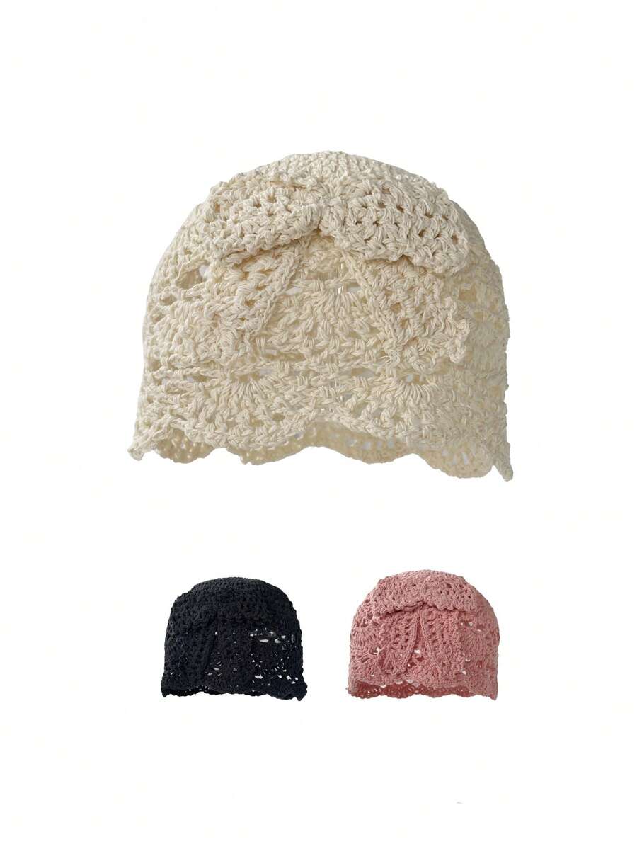 1顶手工钩编女士镂空蝴蝶结针织帽，轻便头饰，时尚配饰 - 蝴蝶結 - 查看 1