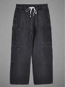 Quần denim cargo màu xám đậm phong cách Grunge Goth Y2K dành cho nam, thường ngày, rộng rãi, cá tính, thể thao, sinh viên, đường phố, đa năng - màu đen - Xem 2