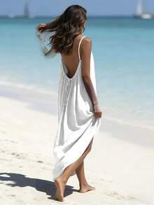 Women's Backless Camisole Dress Polyester Maxi Skirt Backless Resort Boho Summer Outfit - White - View 2