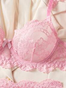 5pcs/Set Sexy Lace Floral Underwire Lingerie Set, Includes Bra, Garter Belt, Sheer See-Through Bralette, Fashionable French Style, Ideal For Valentine's Day - Pink - View 2
