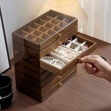 Caja de joyería con textura de nuez, organizador de joyería con estilo de cajón de varias capas, estante de almacenamiento a prueba de polvo, bandeja de exhibición de joyería de terciopelo de lujo y alta gama, bandeja de almacenamiento de diseño de joyería para collares, caja para aretes y anillos, gran capacidad - Marrón - View 7