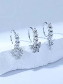Bộ 3 chiếc khuyên mũi màu bạc, đính đá Zirconia đồng sáng bóng hình trái tim, thánh giá, bướm, thích hợp làm quà tặng cho nữ vào dịp Giáng sinh, Halloween, Ngày Valentine, sinh nhật hoặc đeo hàng ngày. - Bạc - Xem 6