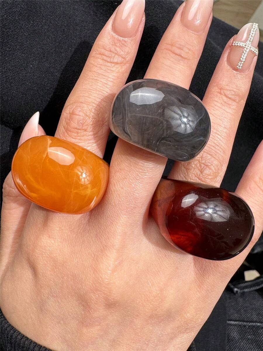 4件/組 時尚獨特幾何極簡樹脂戒指，大號橢圓形戒指組，棕色、紅色、綠色、灰色、白色戒指，女性風格，適合日常穿著、假期和派對 - 彩色 - 查看 1