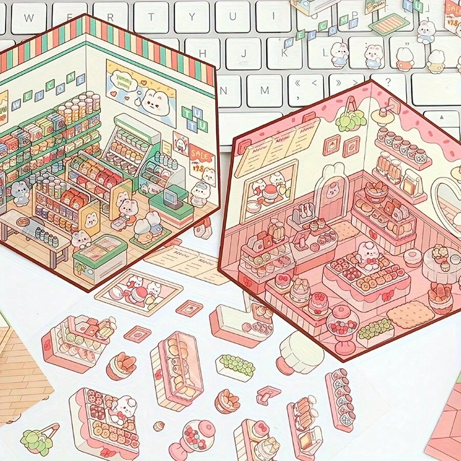 2张DIY房屋贴纸，手工迷你花店、书店、蛋糕店、汉堡店场景贴纸，PET材质，适用于剪贴簿、便利店、花房场景等，创意美观，适合DIY手工、相册、计划本、笔记本、日记本等剪贴簿制作。 - 2件 - 查看 1