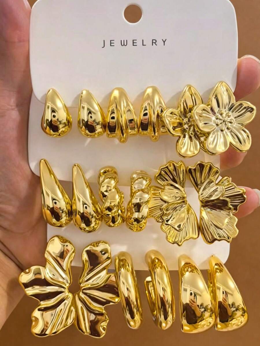 6-18件套女士时尚耳环套装，五叶花+海洋系列，简约优雅，适合夏季佩戴 - 彩色 - 查看 1