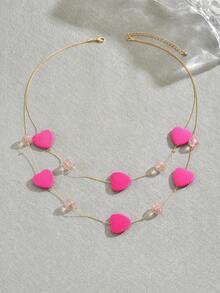 1 Peça Colar Longo Feminino Fashionable de Duas Camadas com Contas de Cristal de Resina em Formato de Coração, Adequado para Uso Diário - Rosa Vermelha - N1218 - Visão 5