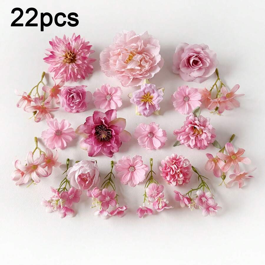 22个仿真花头,多色仿真牡丹雏菊玫瑰丝绸雏菊花头,适用于工艺花环、婚礼派对、DIY、家居装饰 - 粉色 - 查看 1