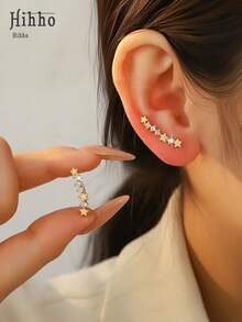 Hihho 1 Pair Luxury Elegant Zirconia Earrings, Floral, Wing, Star Designs Available, Versatile Chic Earrings That Can Be Worn Without Multiple Piercings, Gorgeous Jewelry Earrings Suitable For Daily Wear - Yellow Gold - View 4