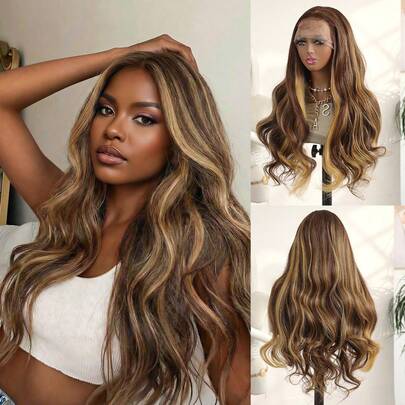 13x6 预拔毛蜂蜜金渐变色 24 英寸长波浪卷发，采用日本进口纤维，配有舒适的弹性网帽，优雅的波浪卷蕾丝前假发，适合年轻人佩戴。这款假发采用日本进口耐热合成纤维制成，适合日常佩戴，品质优良，外观自然，适合初学者。采用耐高温材料制成，预拔毛发际线，适合女性佩戴，长发造型，佩戴方便，自然美观。