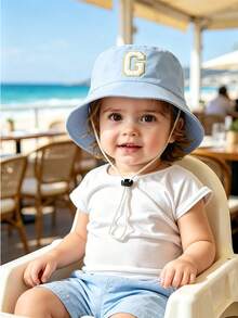 1 pieza Sombrero de sol ajustable rosa para niños con parche de chenilla con letra linda, sombrero de cubo transpirable para juegos al aire libre, viajes, guardería y uso diario para niños de 0 a 4 años - azul cielo - Ver 2