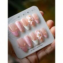 [Valentine's Day Gift] 10pcs Y2K Style | White 3D Floral Nail Stickers, Handmade Pink French Almond Nail Tips, Transparent Pink Base, 3D Floral Decor, Golden Pearls, Soft & Sweet, Suitable For All Seasons, Daily Wear, Dates And Light Social Occasions, Best Gift For Girls And Women - 彩色 - 查看 3