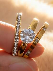 3件套304不锈钢镀18K金可叠戴戒指套装，简约优雅经典订婚结婚戒指，适合女性日常佩戴、派对、海滩度假、母亲节、情人节、生日礼物 - 金色 - 查看 10