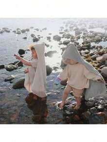 2pcs Baby Hooded Bath Towel, Super Soft Coral Fleece Absorbent Children's Solid Color Bath Robe, Newborn Baby Bathing Cloak Robe For Autumn/Winter, Machine Washable - Perfect Gift For Baby Shower - Coffee + Gray - View 5