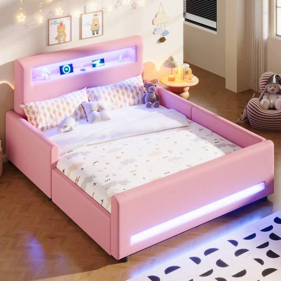 Full Size Bed Frame With Drawer, PU Leather Upholstered Platform Bed With LED Lights For Girls, Princess Bed With Safety Guardrail, Headboard With USB Ports, No Box Spring Needed, Pink - Full Size-Pink - View 1