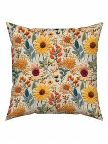 1pc Sunflower & Daisy All-Over Print Pillow Cover, Soft Polyester Fabric, Zipper Design Machine Washable, Warm Yellow Retro Style Sofa Cushion, Suitable For Living Room & Bedroom, Pillow Insert Not Included - A - View 1