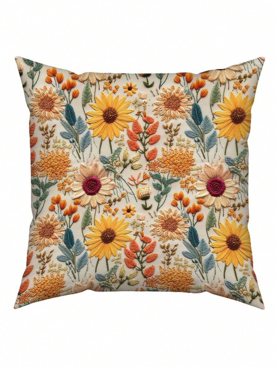 1pc Sunflower & Daisy All-Over Print Pillow Cover, Soft Polyester Fabric, Zipper Design Machine Washable, Warm Yellow Retro Style Sofa Cushion, Suitable For Living Room & Bedroom, Pillow Insert Not Included - A - View 1