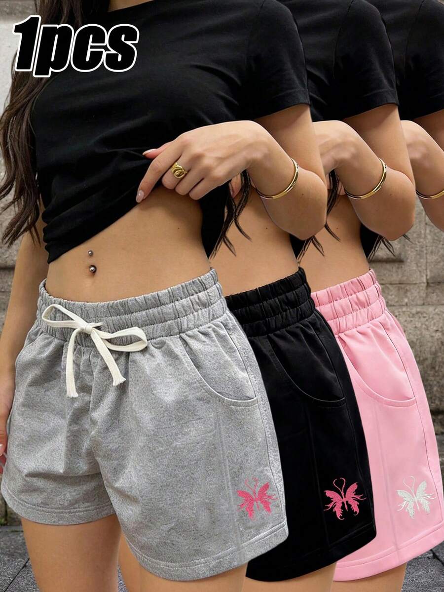 女款休閒抽繩腰短褲，高腰修身設計，側面粉色蝴蝶刺繡，運動夏季款