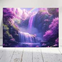 Pared 2D plana de cascada morada en bosque mágico - Marco envolvente adecuado para dormitorio, decoración - Tema de cascada morada y bosque mágico para decoración de habitación infantil, estilo Deco, 2D plano - Enmarcado - Ver 1