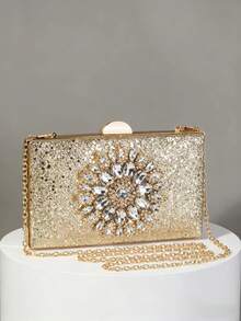Luxury Gold Glitter Rhinestone Evening Clutch Bag, Shiny Floral Diamond Hard Case Chain Shoulder Bag For Wedding, Prom, Party - Gold - View 2
