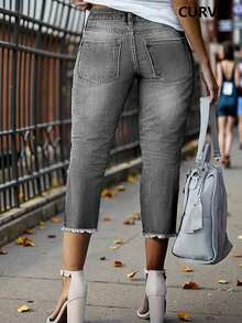 Jeans de talla grande cómodos y entallados hasta la pantorrilla con bolsillos, cierre de cremallera y botón, casuales para primavera - Gris Claro - Ver 4