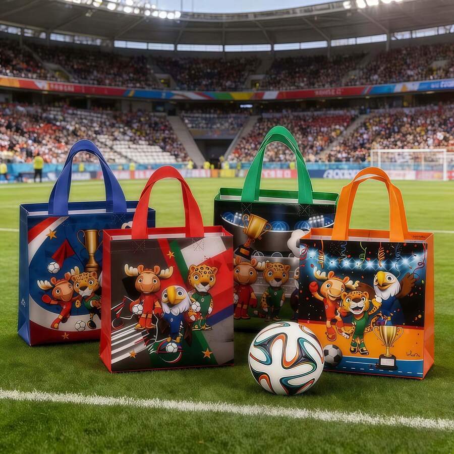 2026 FIFA 世界盃 4件加厚世界盃手提袋,2026 FIFA 世界盃手提袋,雙面印花足球主題不織布手提袋,23*22*11cm,適用於體育賽事、禮品和派對包裝 - 包裝袋 - 查看 1