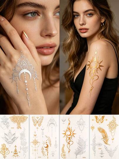 4pcs Bohemian Style Gold Foil Tattoo Stickers, Waterproof & Long-Lasting, Gold & Silver Luxury Aesthetic, Mysterious Exotic Vibe, Unisex Temporary Tattoos For Wrist, Collarbone Decoration, Assorted Designs