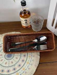 Woven Cutlery Rack, Chopstick Holder, Kitchen Countertop Storage Basket, Rattan Basket, Portable Lightweight Dining Table, Banquet Tableware Organizer Box, Kitchen Storage & Accessories, Home Essentials, Kitchen Organizers, Suitable For Cutlery, Cosmetics, Stationery, Bedroom Decor, Coastal Style Seaweed Rattan Storage Basket, Kitchen Organizer, Kitchen Accessories Storage, Organizer Rack - Multicolor - View 5
