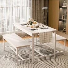 FENGSUN Moderno Mesas De Comedor Rectangular Con 2 Bancos Minimalist - Blanco - Ver 8