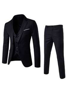 Men's Business Suit Set Professional Formal Wear Two-Piece Slim-Fit Suit Korean Style Best Man & Groom Wedding Attire - 一扣黑色外套+馬甲+西裝褲 - 查看 2