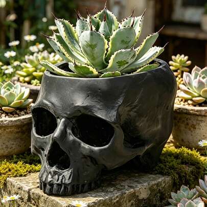 READAEER Skull Planter With Drainage Hole, Resin Skull Shaped Flower Pot/Candy Bowl, Gothic Style Home/Desktop Decor - Black
