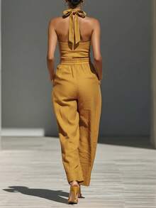 2026 New Linen Blend Cross Camisole Neck Loose Jumpsuit For Women - 向日葵的顏色 - 查看 3