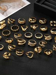30/17pcs Exaggerated Retro Punk Style 3D Heart Geometric Line Ball Ring Set For Women, Stackable Fashion Rings - Vàng - Xem 9