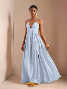 New Spring And Summer Casual Holiday Halter Neck Strapless Bust, Waist And Back A Swing Skirt With High Slit On The Front To The Thigh, Yellow Sea Stripe Women's Extra Long Dress-B Baby Blue Dress,Sun Dresses For Women - Màu xanh lam - Xem 1