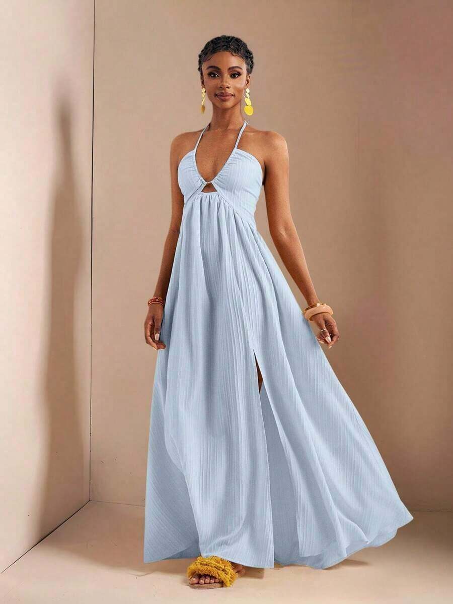New Spring And Summer Casual Holiday Halter Neck Strapless Bust, Waist And Back A Swing Skirt With High Slit On The Front To The Thigh, Yellow Sea Stripe Women's Extra Long Dress-B Baby Blue Dress,Sun Dresses For Women - Màu xanh lam - Xem 1