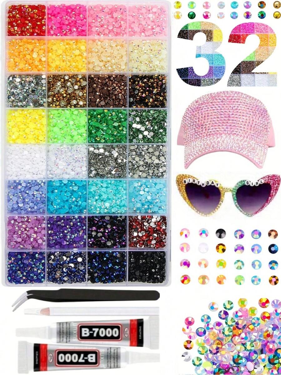 32 Colors Resin Jelly Crystal Rhinestone Set, Multicolor 3mm/4mm/5mm Flat Back Shiny Rhinestones For Rhinestone Art, Sparkling Decor, Rhinestone Decoration, Suitable For Handicraft Materials, Handmade, Book Decoration, DIY Crafts, Clothing, Cups, Shoes And Textiles