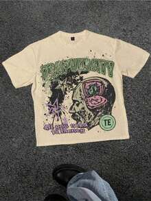 Trapversity Urban-Inspired Letter Pattern Pure Cotton Graphic Tee, Oversized Casual, Summer Top For Women - 杏色 - 查看 7