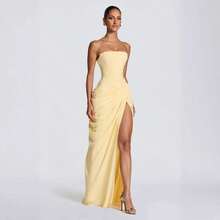 2026 [Spring/Summer Style]Strapless Asymmetrical Pleated High Slit Maxi Dress For Women, Sexy French Romantic Evening Party Gown - 淺黃色 - 查看 5
