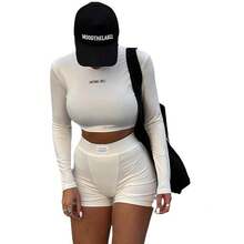 Women's Knitted Round Neck Long Sleeve Solid Color T-Shirt And Shorts Set With Simple Lettering Two-Piece Set - Black - View 5