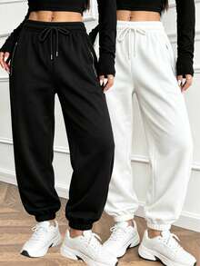 Women's Elastic Waist Drawstring Jogger Pants With Side Zipper Pockets, Casual Sporty Sweatpants For Daily Commute, Spring/Autumn Sports Black - Black - View 7