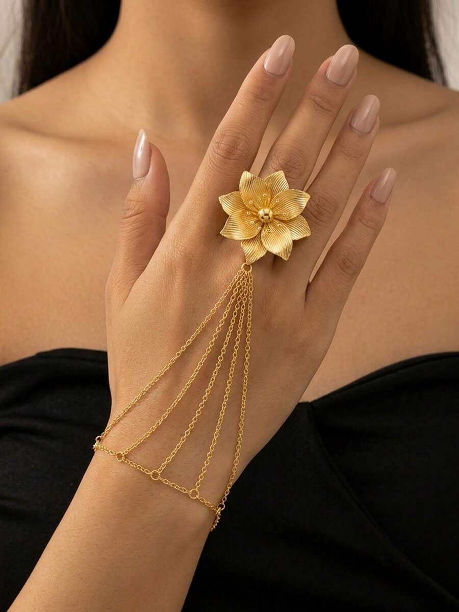 1pc 3D Textured Gold Flower Chain Tassel Linked Finger Ring Bracelet, Volumetric Petal Design Suitable For Summer Wear - Yellow Gold - View 1