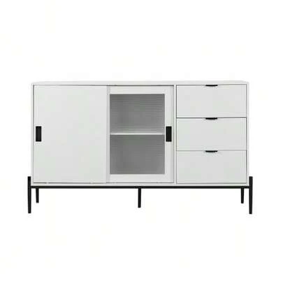 Modern Sideboard With Sliding Glass Door And 3 Drawers, Console Table For Entryway, Kitchen Sideboard For Hallways, Entrances, Kitchens, Studies, White