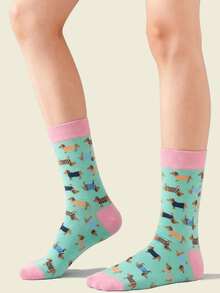 1双趣味腊肠犬图案袜子，时尚百搭的中长袜，休闲舒适，适合春秋季穿着。 - 彩色 - 查看 2