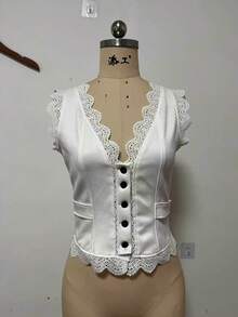 Women's Western Style V-Neck Vest Lace Trim Single-Breasted Cowgirl Sexy Fashion Spicy Waist Cincined Punk Waistcoat - 白色 - 查看 2