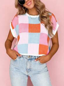 Blusa corta de mujer Marysol con estampado de cuadros de colores, cuello redondo, manga corta, diseño de contraste de color en bloques, manga de murciélago, tejido de parche, suéter de punto elegante para primavera/verano/otoño/invierno - Multicolor - Ver 3